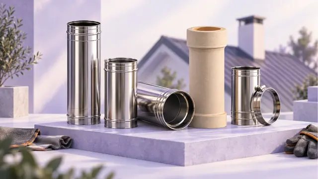 Ilustracja stalowego i ceramicznego wkładu kominowego na tle dachu
