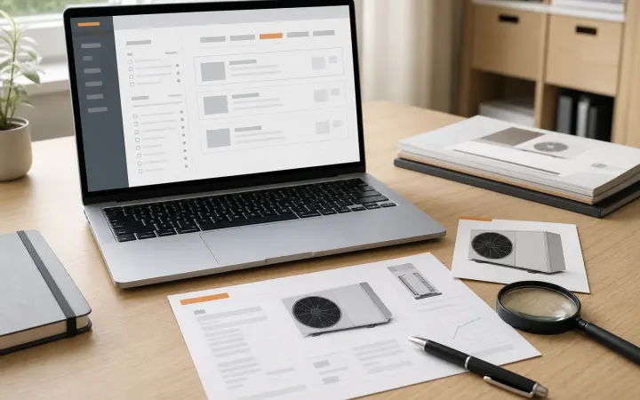 Laptop z wyszukiwarką urządzeń oraz dokumentacja techniczna pompy ciepła przygotowana do porównania