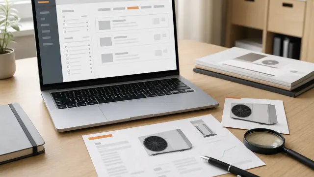 Laptop z wyszukiwarką urządzeń oraz dokumentacja techniczna pompy ciepła przygotowana do porównania