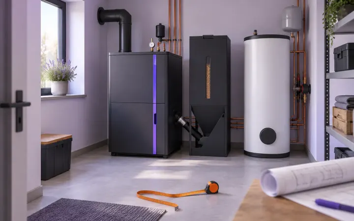 Ilustracja kompaktowego kotła na pellet, zasobnika i przyłączy w małej kotłowni